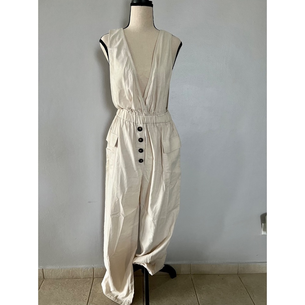 Beige V neck jumpsuit
